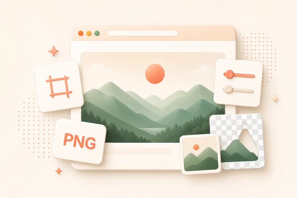 Warm image toolkit browser illustration with PNG, crop, slider, and transparent image cards