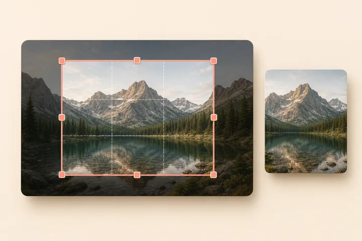 Image cropper preview with a coral crop frame over a mountain lake