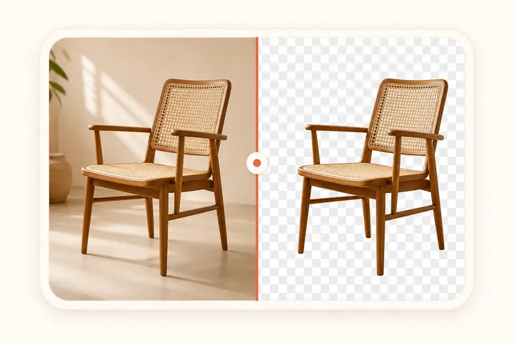 Background remover preview showing a chair before and after background removal