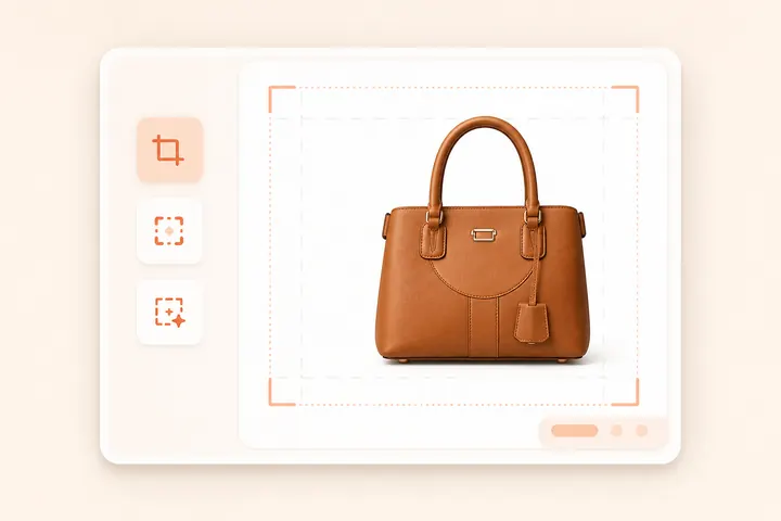 Product photo maker preview with a handbag inside a clean ecommerce image card