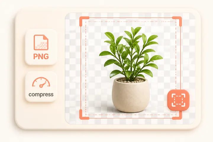 Transparent PNG optimizer preview with a plant on a checkerboard canvas